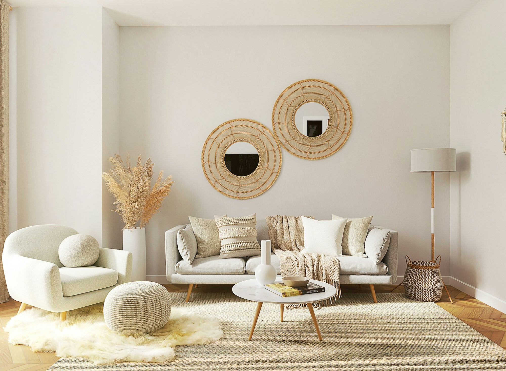 Bright living room with a cream sofa and natural wood accents